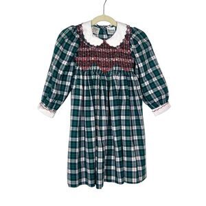 Sarah Louise Dress Girls 4 Green Plaid Tartan Smocked Peter Pan Collar Christmas